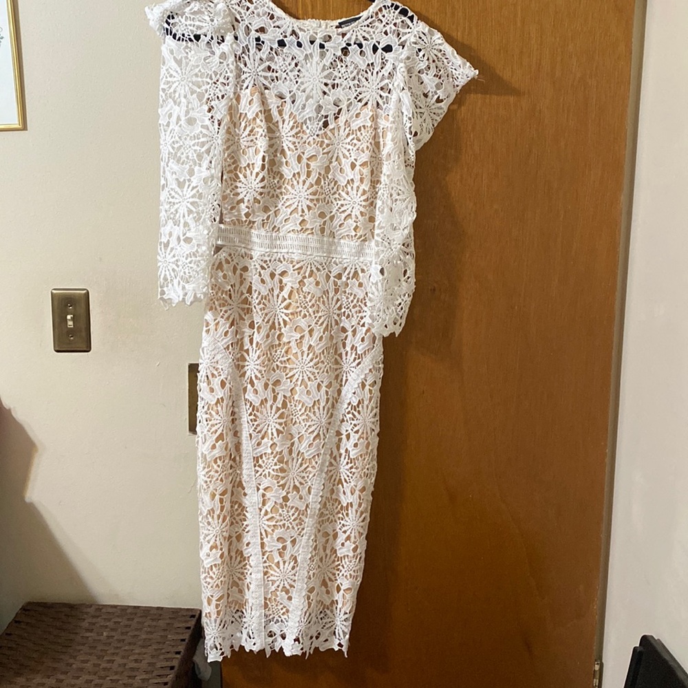 Pretty Little Thing White Lace Open Back Long Sleeved Mini Dress